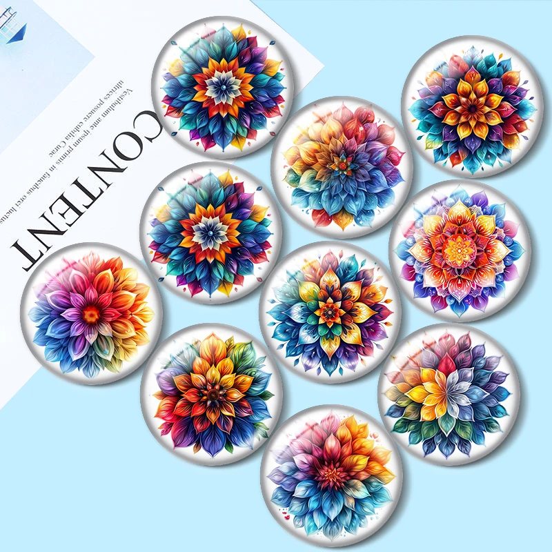 Tęczowe kwiatowe mandale 10 sztuk 12mm/18mm/20mm/25mm okrągłe zdjęcie szklany kaboszon z płaskim tyłem dokonywanie ustaleń dla bransoletek