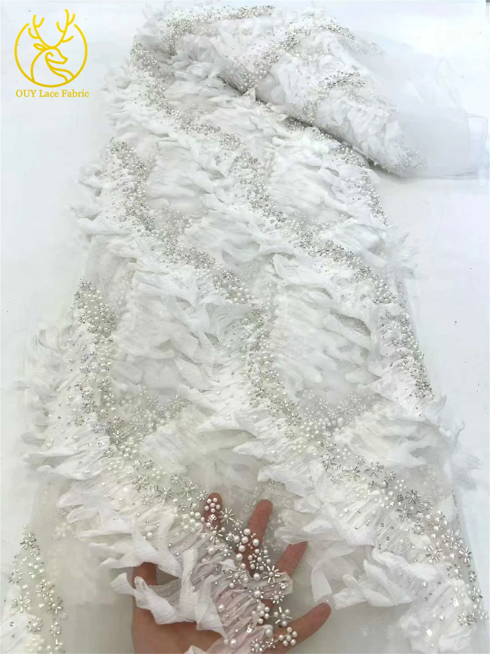 3D Mode Afrikanischer Tüll-Spitzenstoff 2026 Hochwertige Französische Pailletten-Perlen-Spitze für Brautkleider und Hochzeitskleider Nähmaterial – Detail 12