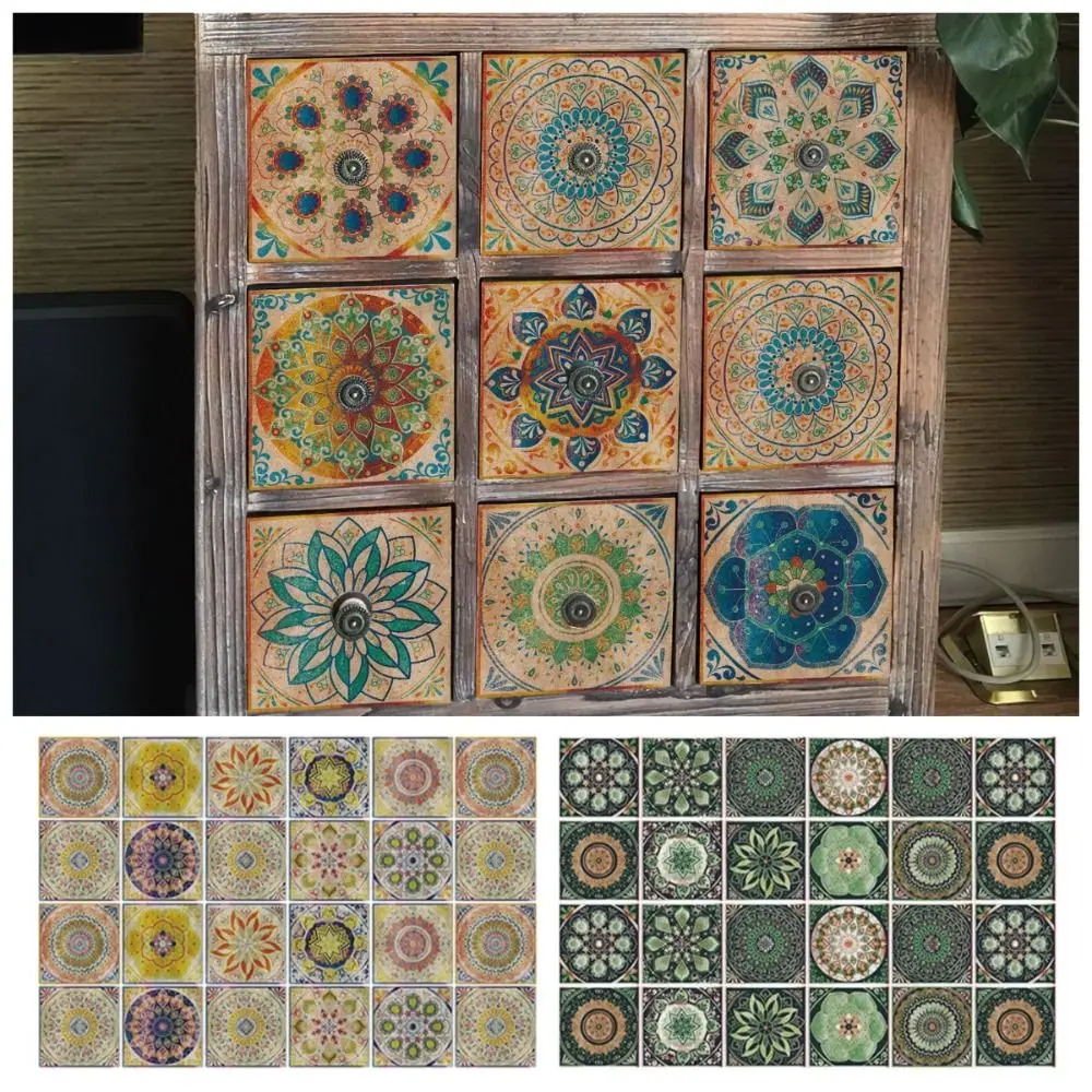 

24 шт./компл., керамическая наклейка на стену в стиле мандалы, 10/15/20 см, винтажные наклейки на стены, самоклеящиеся, водонепроницаемые