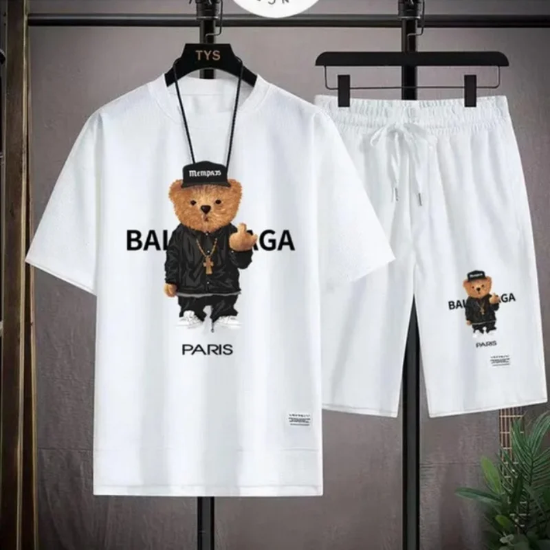 

2026 Men's Clothing Waffle Short-Sleeved Round-Neck T-Shirt + Five-Piece Shorts Set - Summer Fashion Casual Fitness Sports Suit