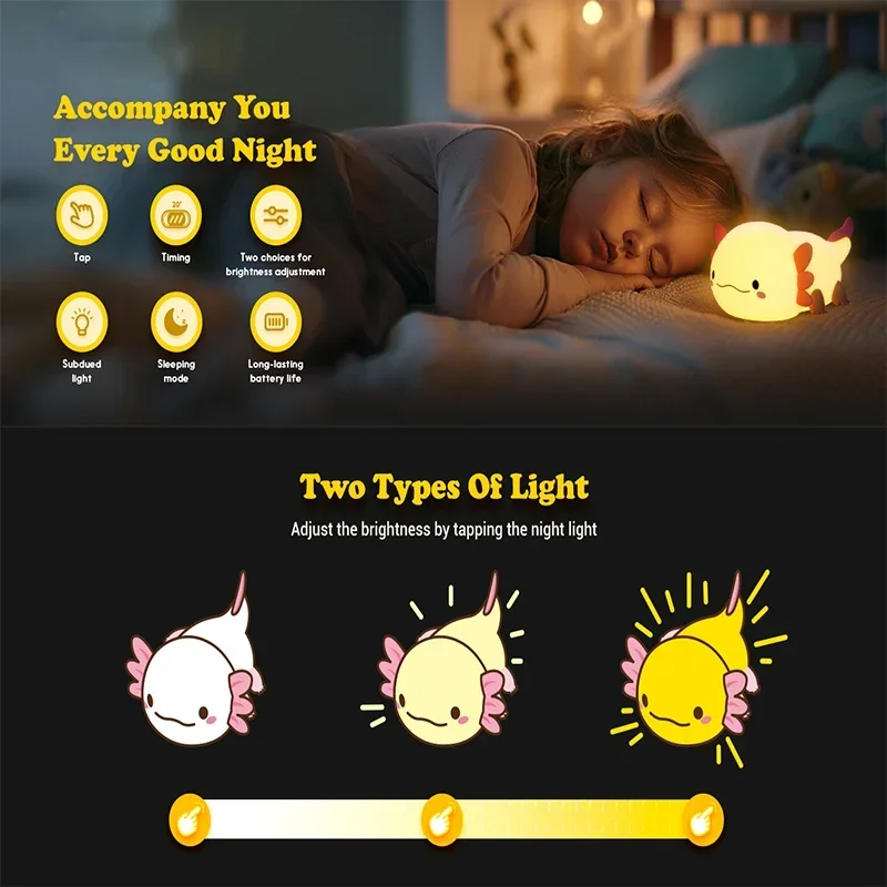 Luce Notturna Per Bambini A Forma Di Axolotl - Silicone Morbido Con Touch, Ricaricabile USB, 1200 MAh, 2 Luminosità - 3