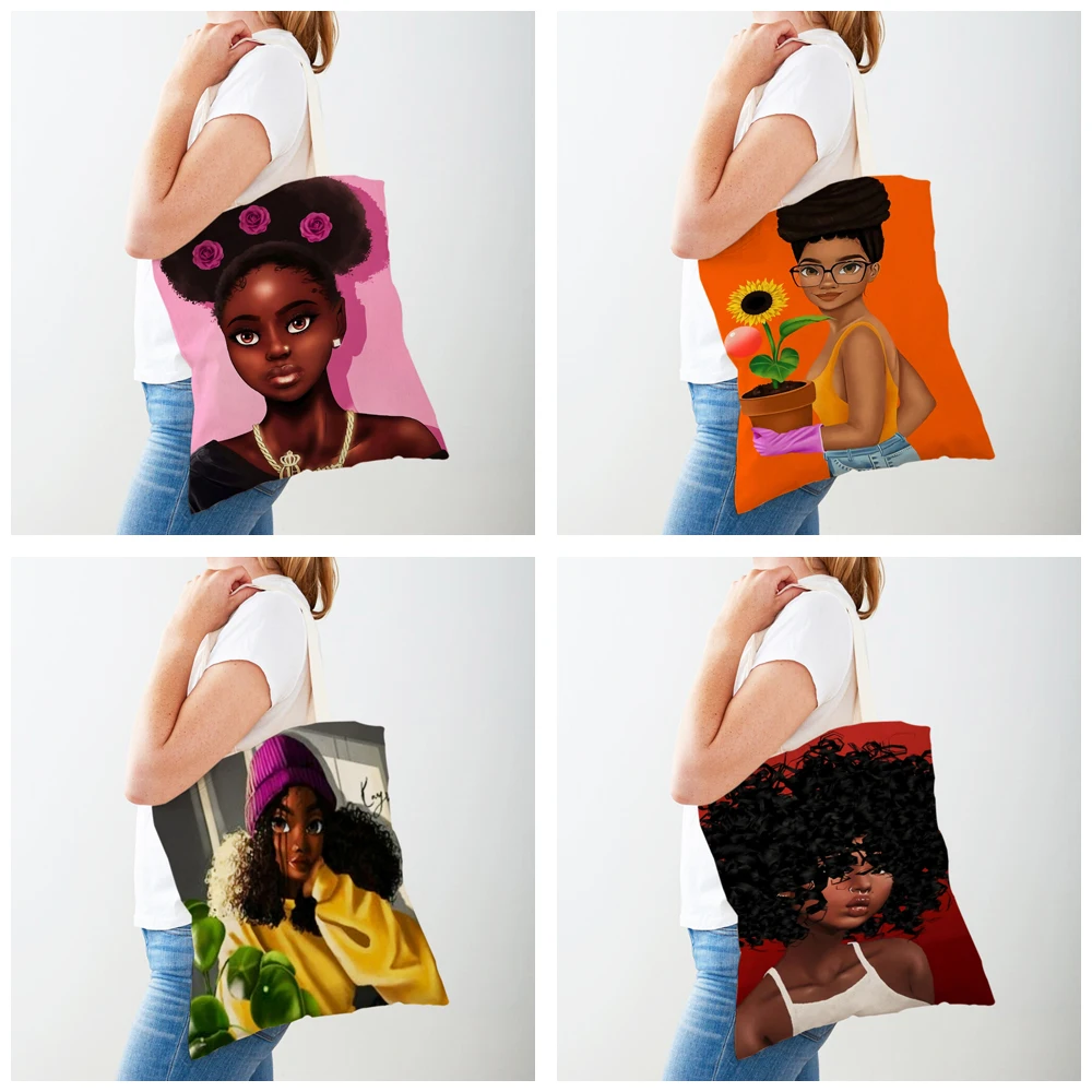 Casual Black Lady Canvas Shopper Bag Tote Handbag Reusable Fashion Cartoon Beautiful African Girl Shopping Bag for Women