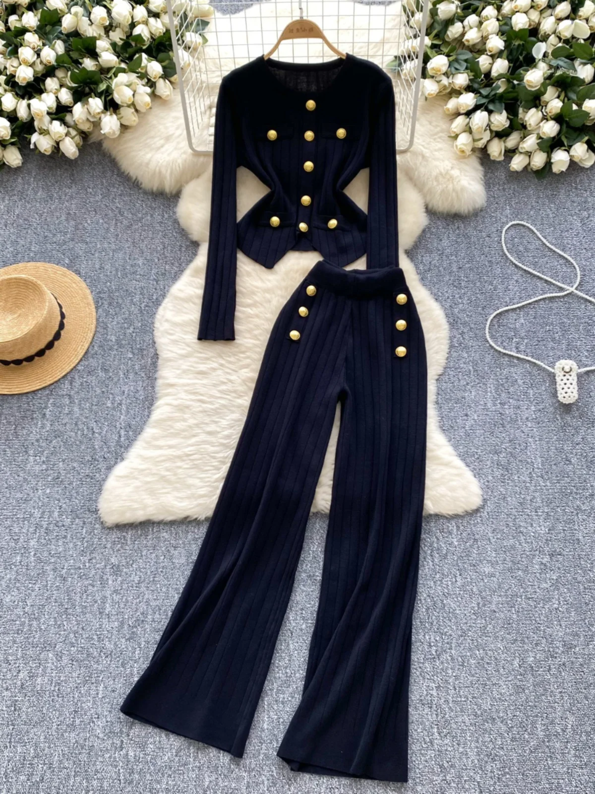 Elegant Women Long Pant Suit Gold Button O-Neck Slim Long Sleeve Knitwear+High Waist Wide Leg Pant 2 Pieces Set