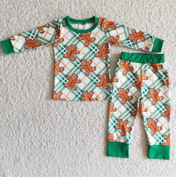 

Christmas Wholesale Pajama Set Brown Villain Gingerbread Green Boy Long Sleeve Pants Set