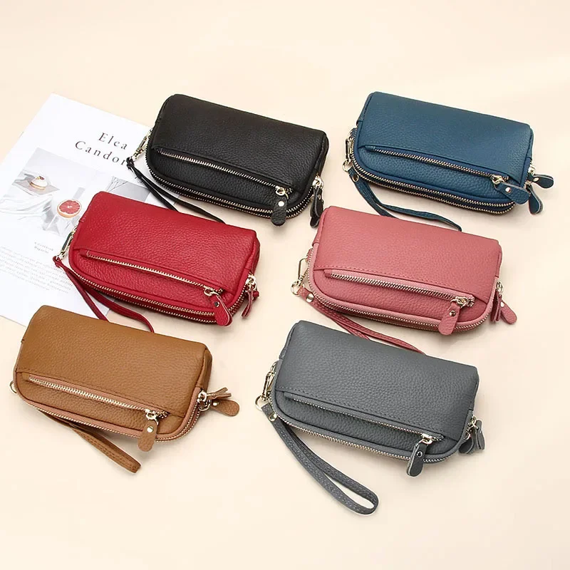 Genuine Leather Women Double Zip Wallet 2026 New Ladies Clutch Purse Cowhide Wristlet Bag Coin Purse Fashion Mobile Phone Bags