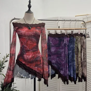 Tie Dye Luipaardprint Dames Bootkraag Grote Bell Mouw Top Kanten Dubbellaags Mesh Onregelmatig Y 2K Shirt Blouse Zomer Clubkleding