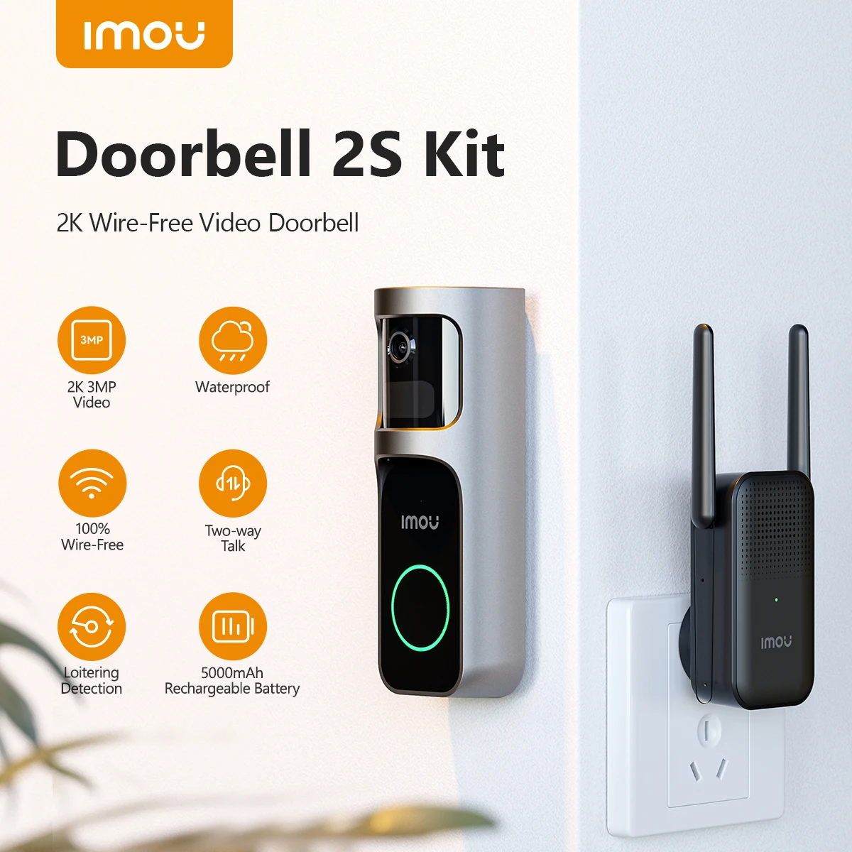 IMOU videodeurbel 2S-kit 5000 mAh oplaadbare batterij 30 ° Panlens Menselijke detectie Tweerichtingsgesprek Waterdicht 100% draadvrije bel