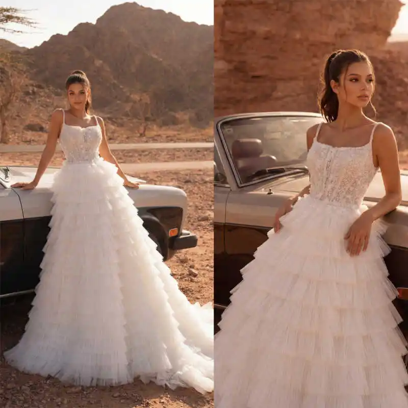 Stunning Beaded Bodice Spaghetti Strap Wedding Dress Tiered Tulle Skirt Ball Gown Formal Bridal Gown свадебное платье Customized