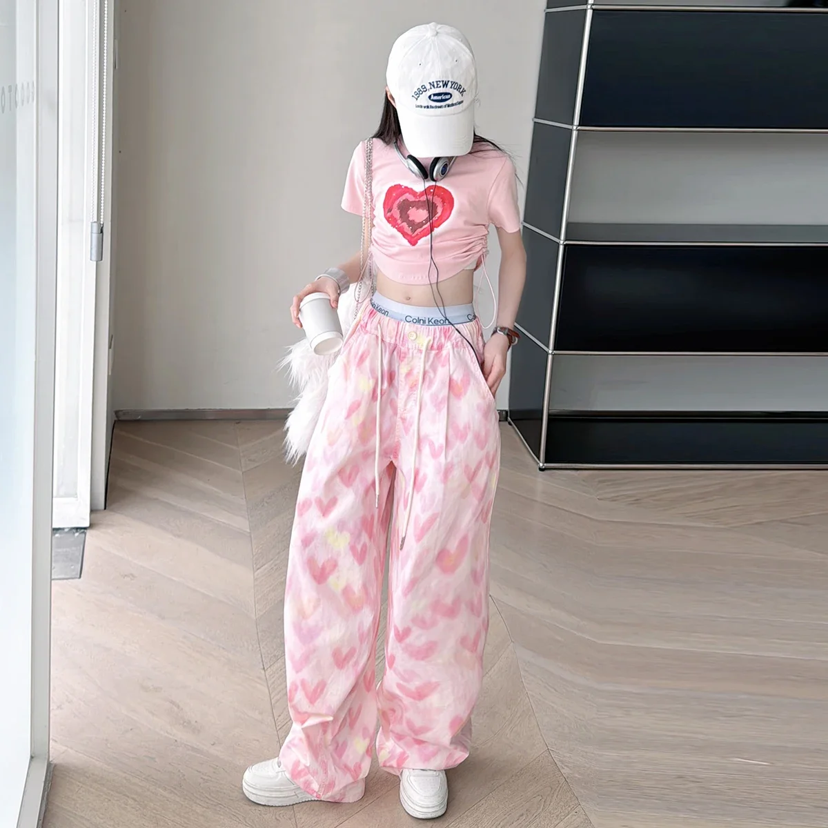 conjuntos de menina teenage girls summer clothes set short love cotton t-shirt+Wide leg pants 2pcs junior kid suit child outfits