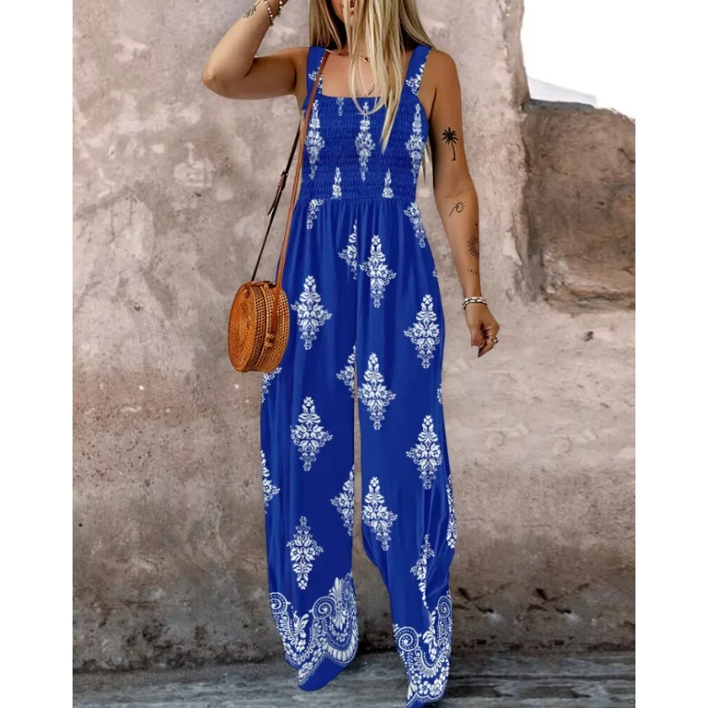 Plus Size 1XL-5XL New Women Print Sling Sleeveless Jumpsuits Ladies Casual Wide Leg High Waist Casual Loose Rompers