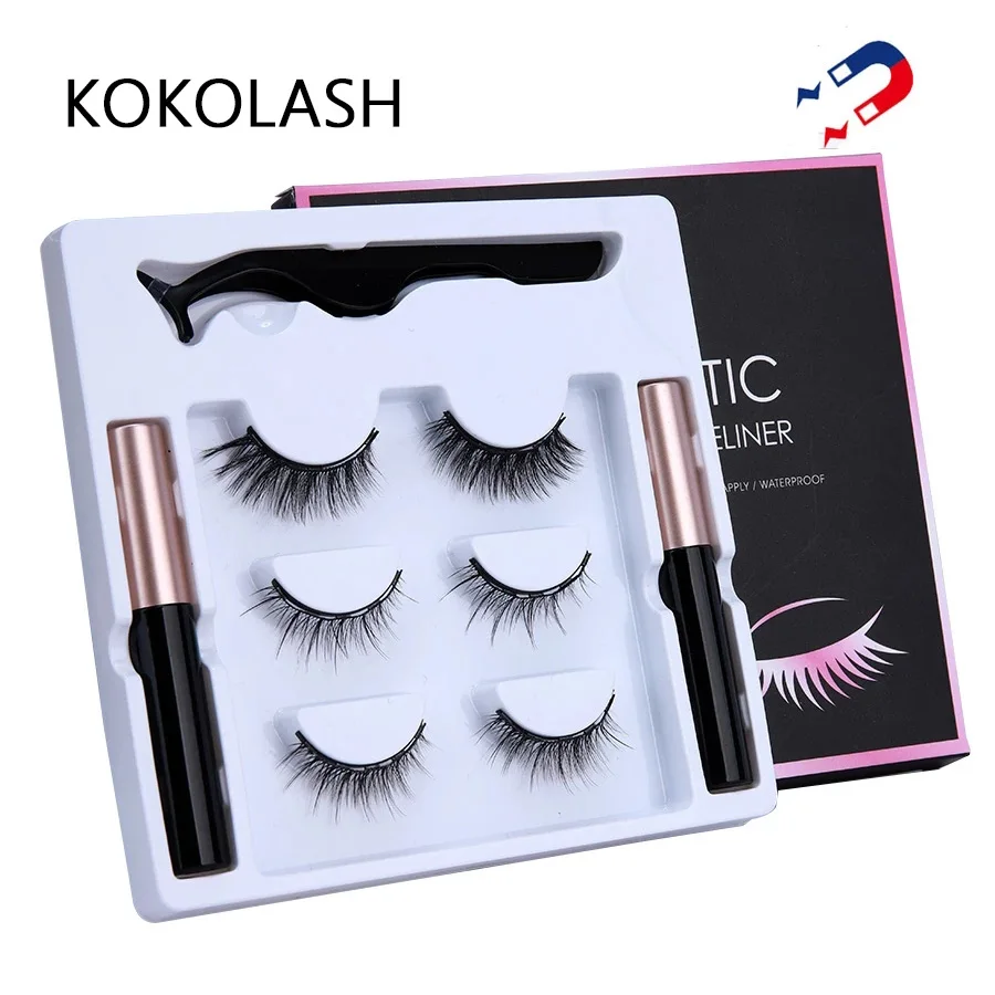 

Repeated Use 3Pairs Magnetic Eyelashes False Lashes Eyelashes Waterproof Liquid Eyeliner with Tweezer Makeup Set Lashes Mink