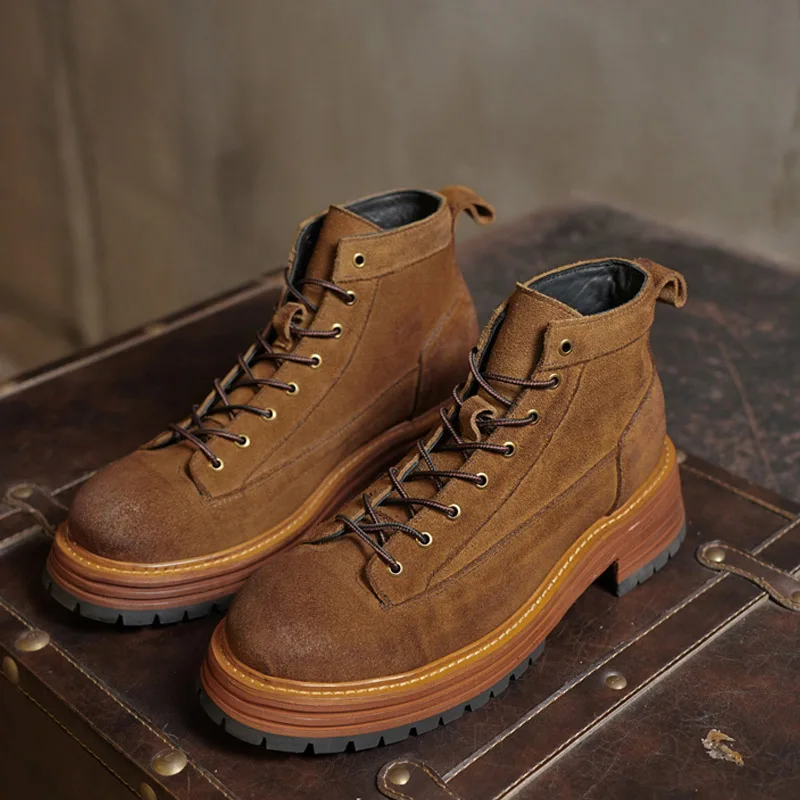 Men's Genuine Leather Suede Chelsae Boots Brogue Shoes Retro High-top Round Toe Mid-calf Thick Heel Western Cowboy Boots