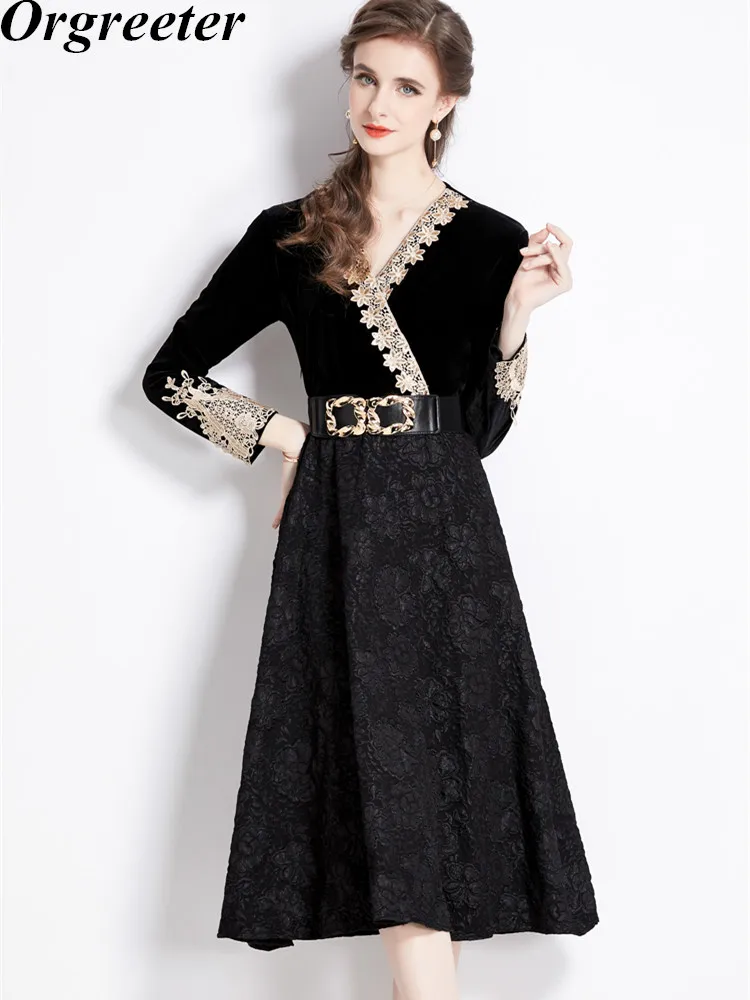 

Autumn Elegant Lady Jacquard Patchwork One Piece Dress Women's Long Sleeve V Neck Velvet Party Midi Dress With Belts