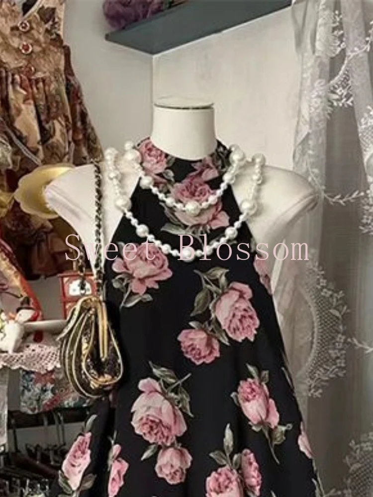 Summer Gothic Vintage Black Rose Floral Short Dress Women New Pure Desire Y2k Party Dresses Elegant Hot Chic Retro Outfit 2025