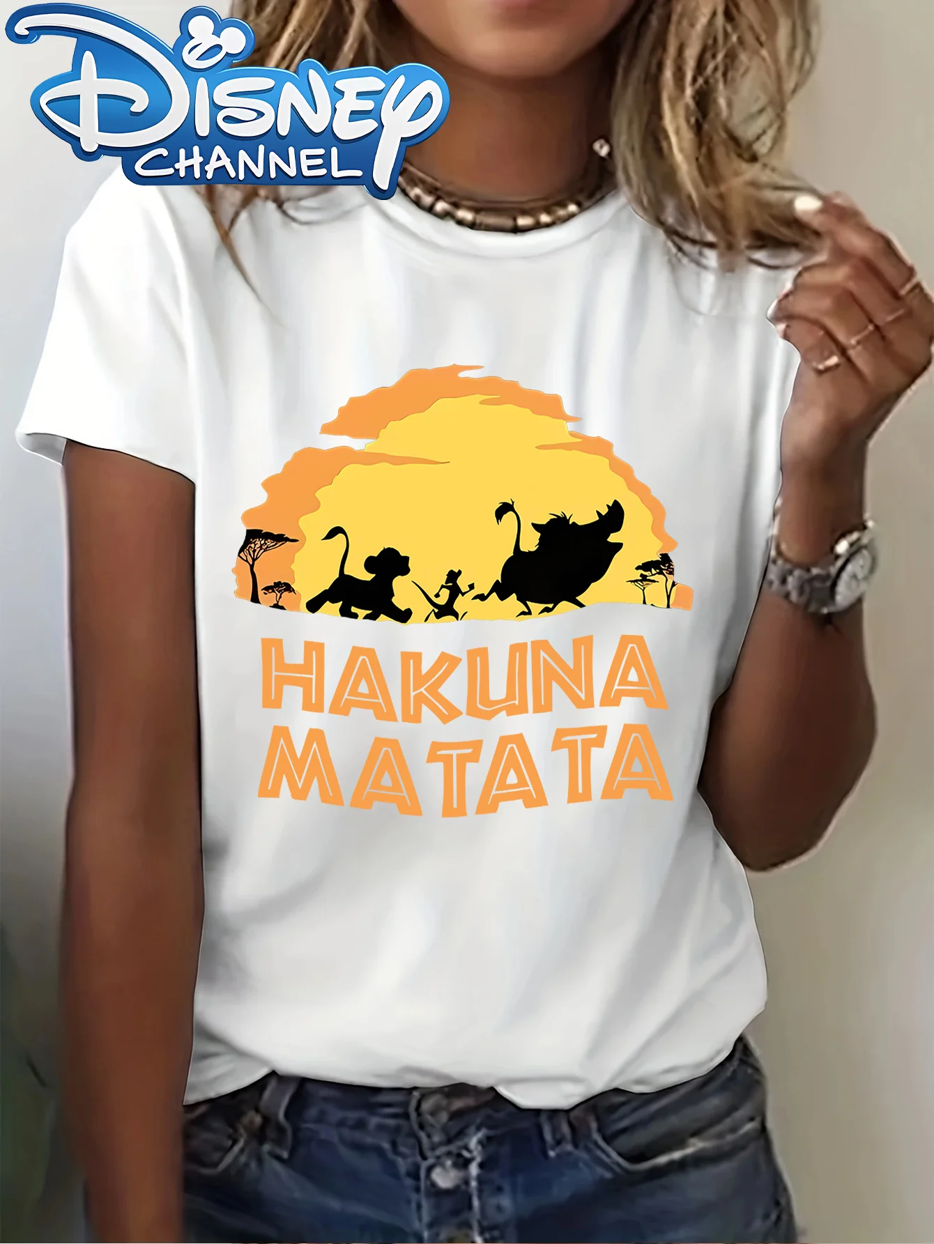 تي شيرت نسائي صيفي كاجوال من Hakuna Matata برقبة دائرية مطبوع عليه رسوم كارتونية، وأكمام قصيرة، مثالي للاستخدام الكاجوال