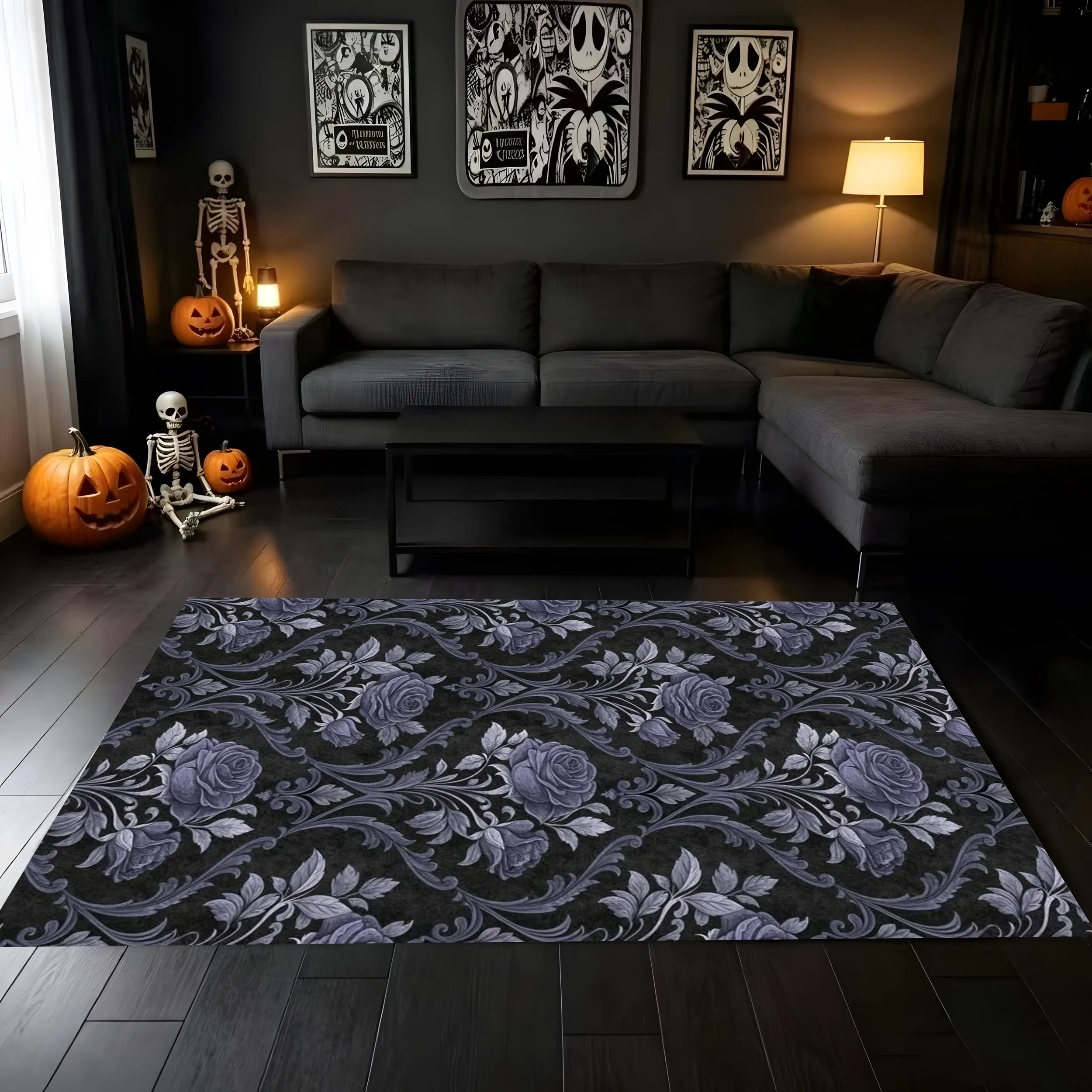 2D Carpet with Ghost Pumpkin and Autumn Leaves Print Cute Soothing Soft Fresh and Joyful Halloween Atmosphere