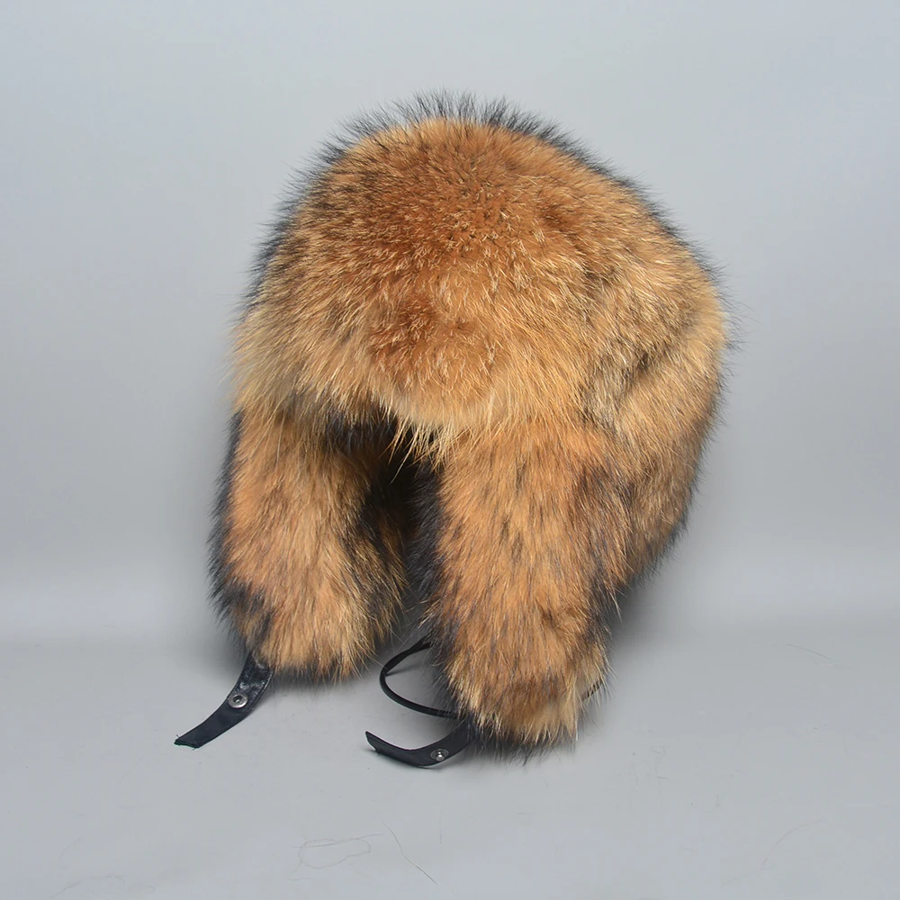 Real Fur 100% Fox Skin Russian Businessmen Pilot Bombers Full Mao Men\'s hat Ushanka Winter Ear Guard Hat Raccoon Fur Beanie hat