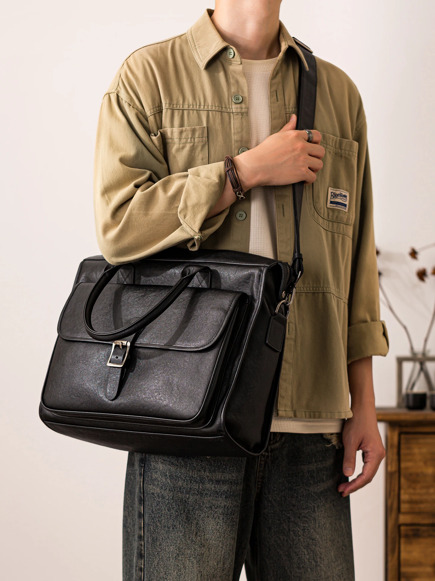 business casual handmade first layer leather men's black briefcase fashion designer luxury genuine leather work laptop handbag