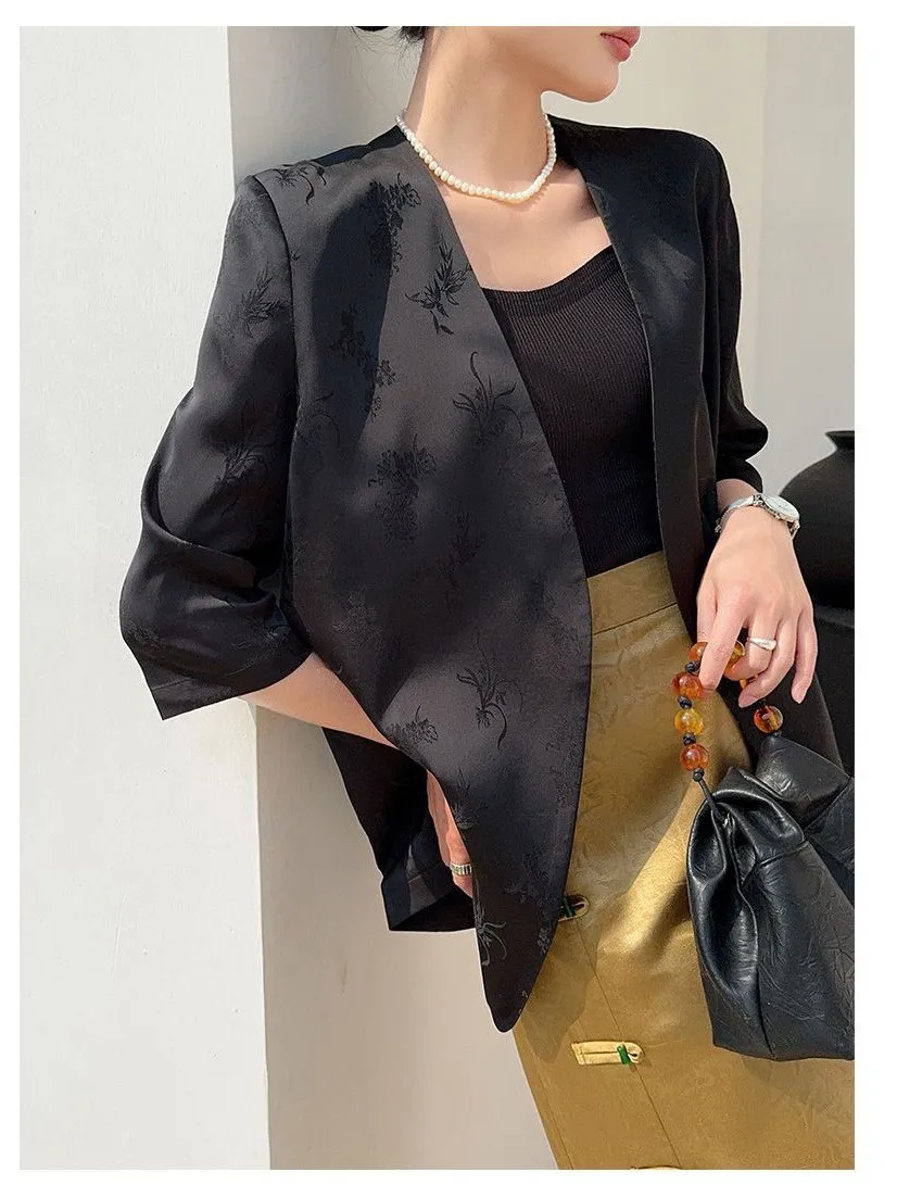 

Black Summer Thin Seven-Quarter Sleeve Women's Suit Jacket Satin Finish Premium Feeling Breathable Loose Fit Chinese Made