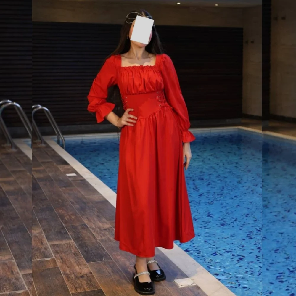 

Customized Ribbon Pleat Square Neck A-line Midi Dresses Bespoke Occasion Homecoming Party High Quality Elegant Sizes Available