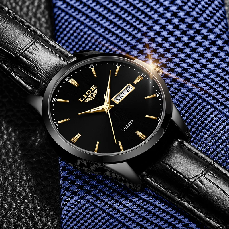LIGE Mens Relógios de Quartzo Marca de Luxo Casual Moda Relógio Masculino Para Presentes Couro Respirável À Prova D 'Água Relógio de Pulso Luminoso + Caixa