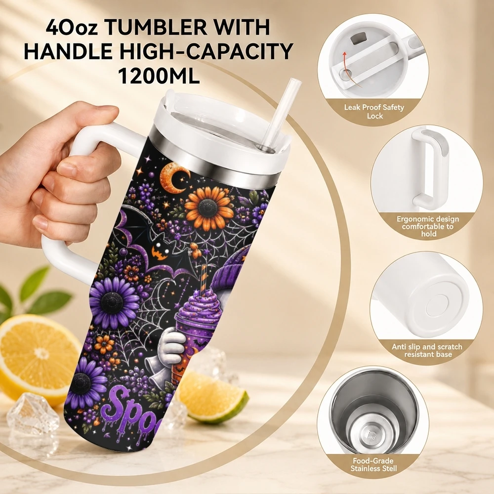 Floral Ghost Halloween Vacuum Flasks 40oz Stainless Steel Travel Tumbler with Handle Straw Lid Double Wall Vacuum Insulated