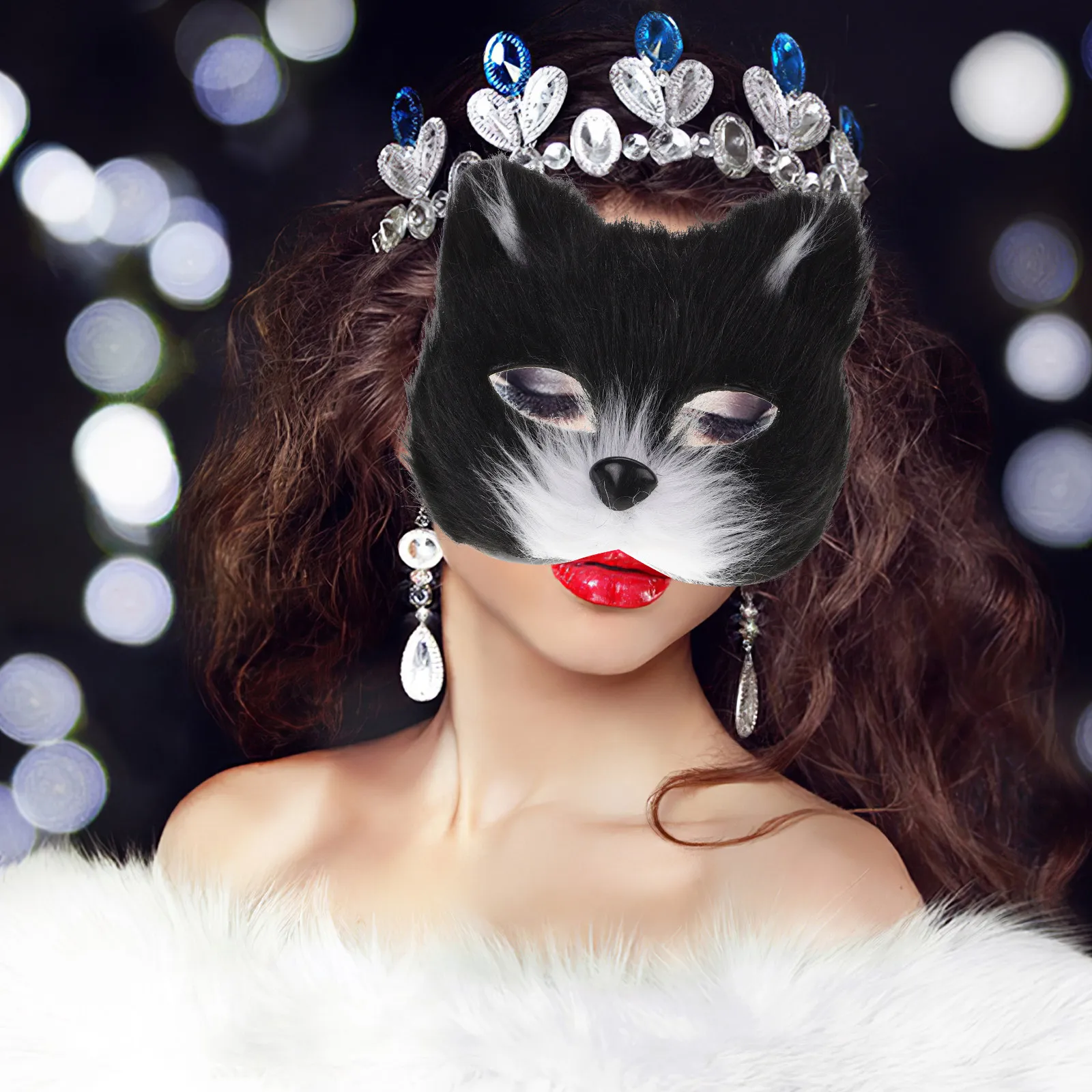 

Маска на пол лица в виде пушистого животного для взрослых, маска для Хэллоуина, косплея, маска лисы, волка, кошки с ушками и хвостом в комплекте