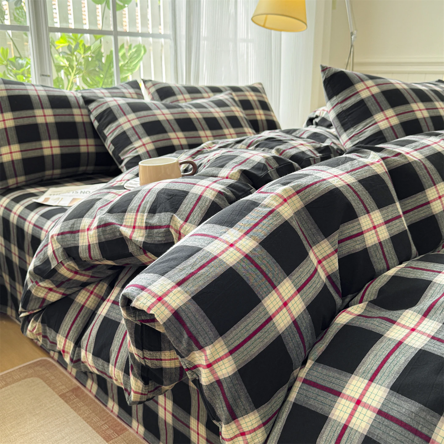 100% Cotton Bedding Set Minimalist Grid Black Duvet Cover Set Yarndyed Sheet Set Solid Grey Sheet King Queen for Bedroom Decor