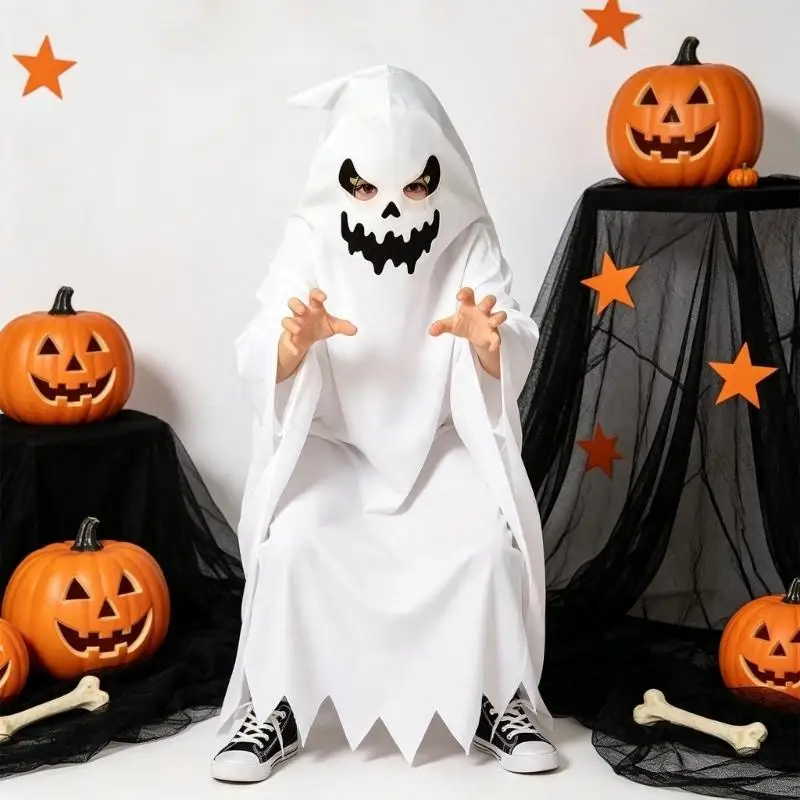 39BD White Hooded Spirit Costume for Kids Party and Play Time Fun Cosplay Capes