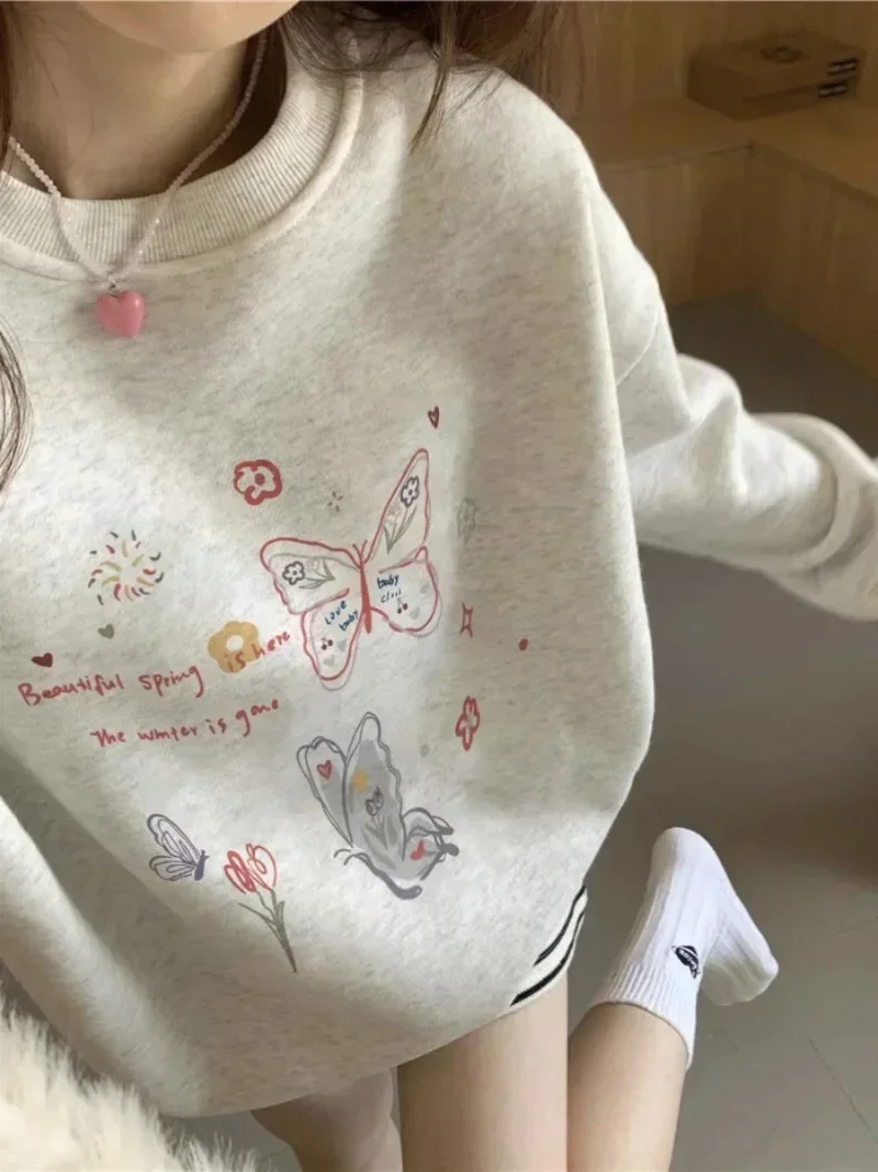 

O Neck Butterfly Print Gray Sweatshirts Hoodies Harajuku Y2k Preppy Style Women Japanese Vintage Oversize Sudadera Mujer