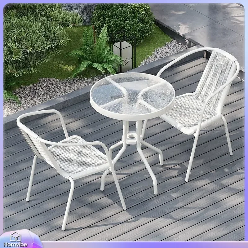 Outdoor Patio Furniture Set Wrought Iron Rattan Table and Chairs Simple Balcony Courtyard Garden Dining Chair for Milk Tea