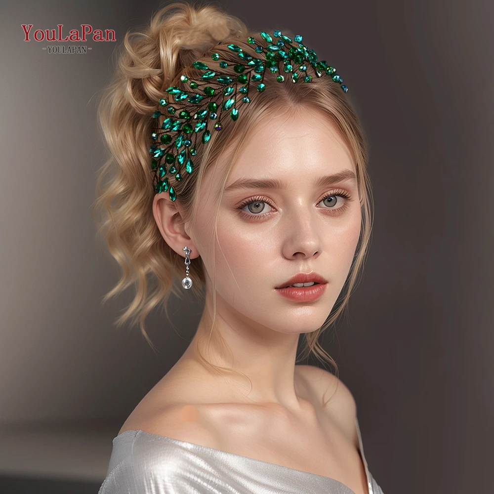 

YouLaPan Fashion Green Rhinestone Headband Bride Headdress for Hair Accessories Women Handmade Headband Bridal Headwear HP799