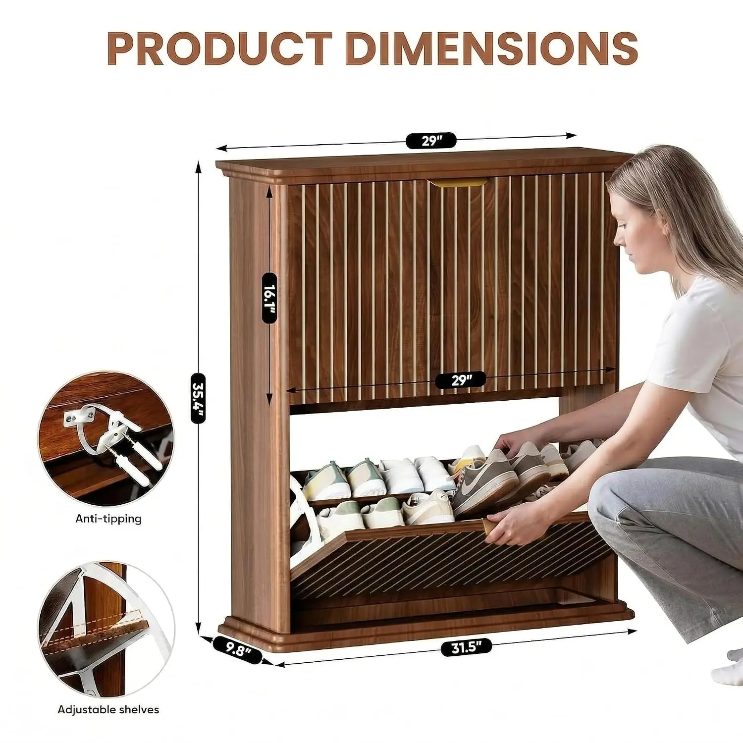 Modern Fluted Shoe Cabinet for Entryway,9.8