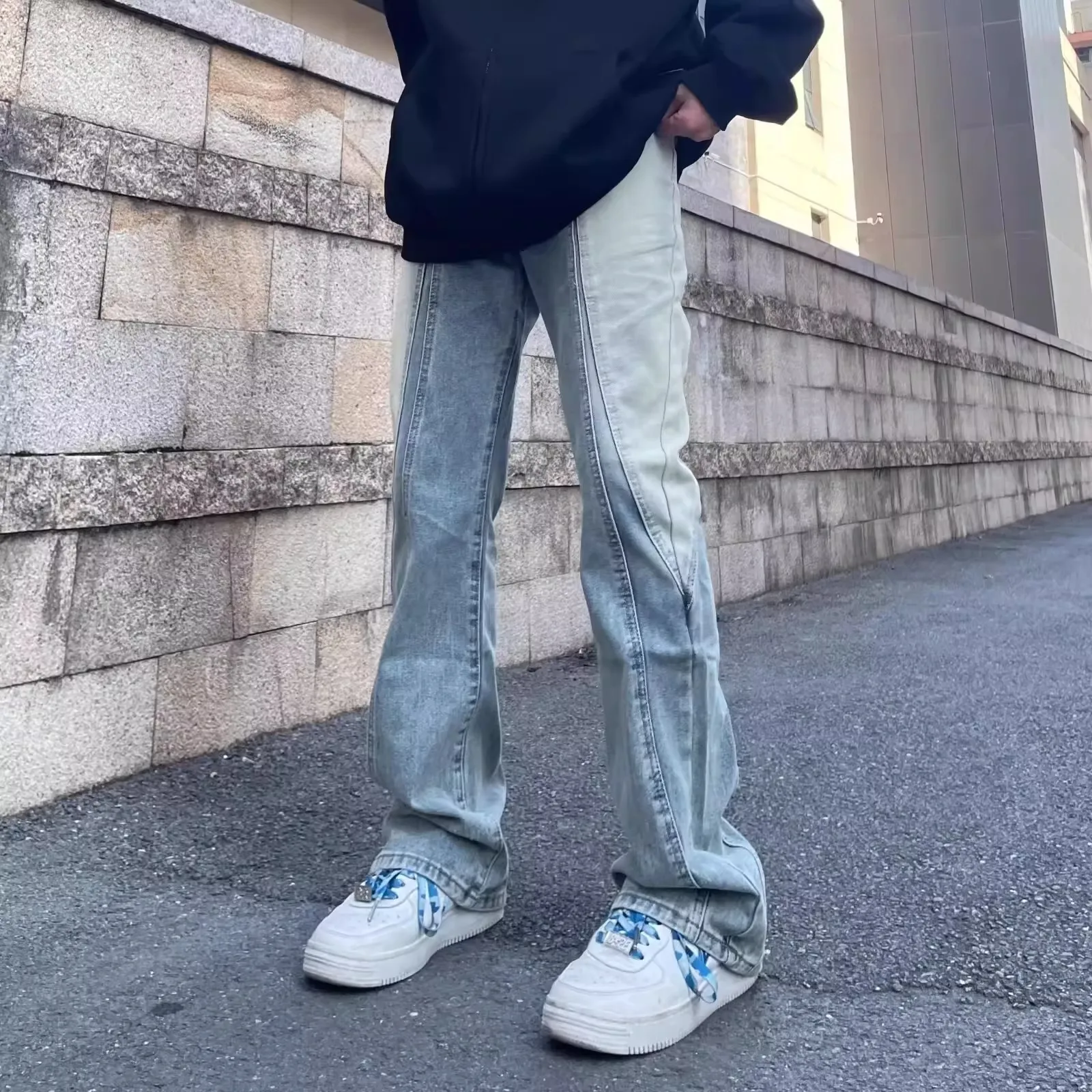 

Джинсы Slim Fit с эффектом потертости и пэчворком, мужские и женские, в стиле High Street, слегка расклешенные, длинные брюки, деконструированный дизайн Vibe Feng ui Wa