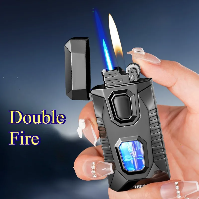 1 Stück Dual Flame Feuerzeug mit verstellbarer weicher Flamme und Jet Flame Butan Feuerzeug Zyklus Inflation winddichtes Feuerzeug Herren-Geschenkbox