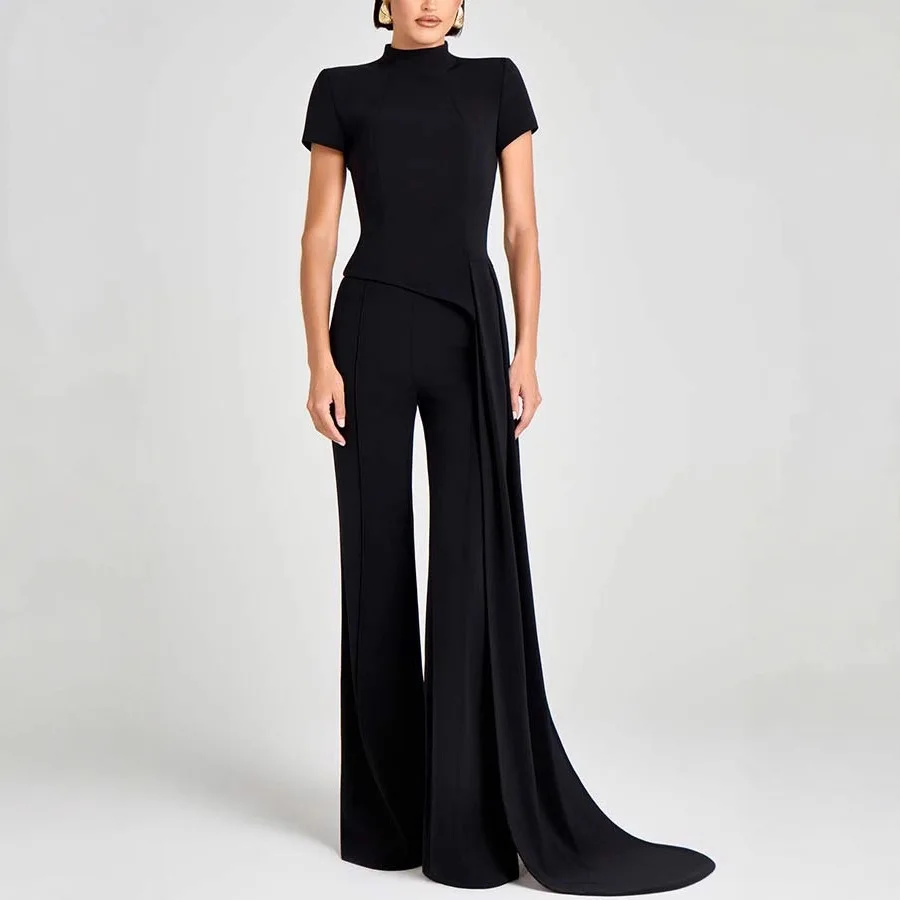 

High Waist Straight Suit Elegant Party Simple Solid Outfit Women's Stand Collar Short Sleeved Top and Pants Two Piece Set 2025