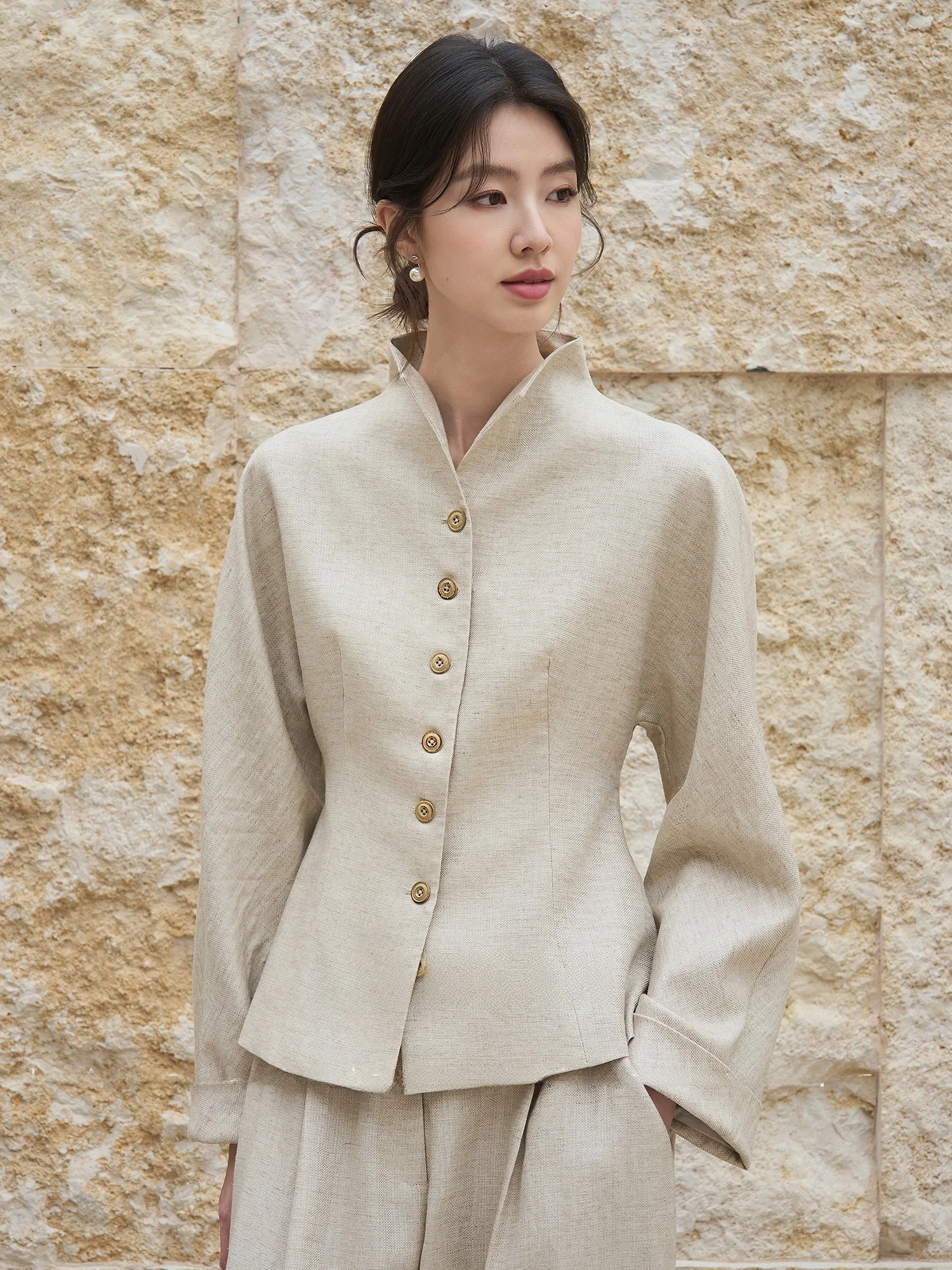 

Jansan Chinese Style Elegant Intellectual Shirt Collar Linen Suit Jacket And Nine-Piece Pants Women's Fashion Set Autumn Spring