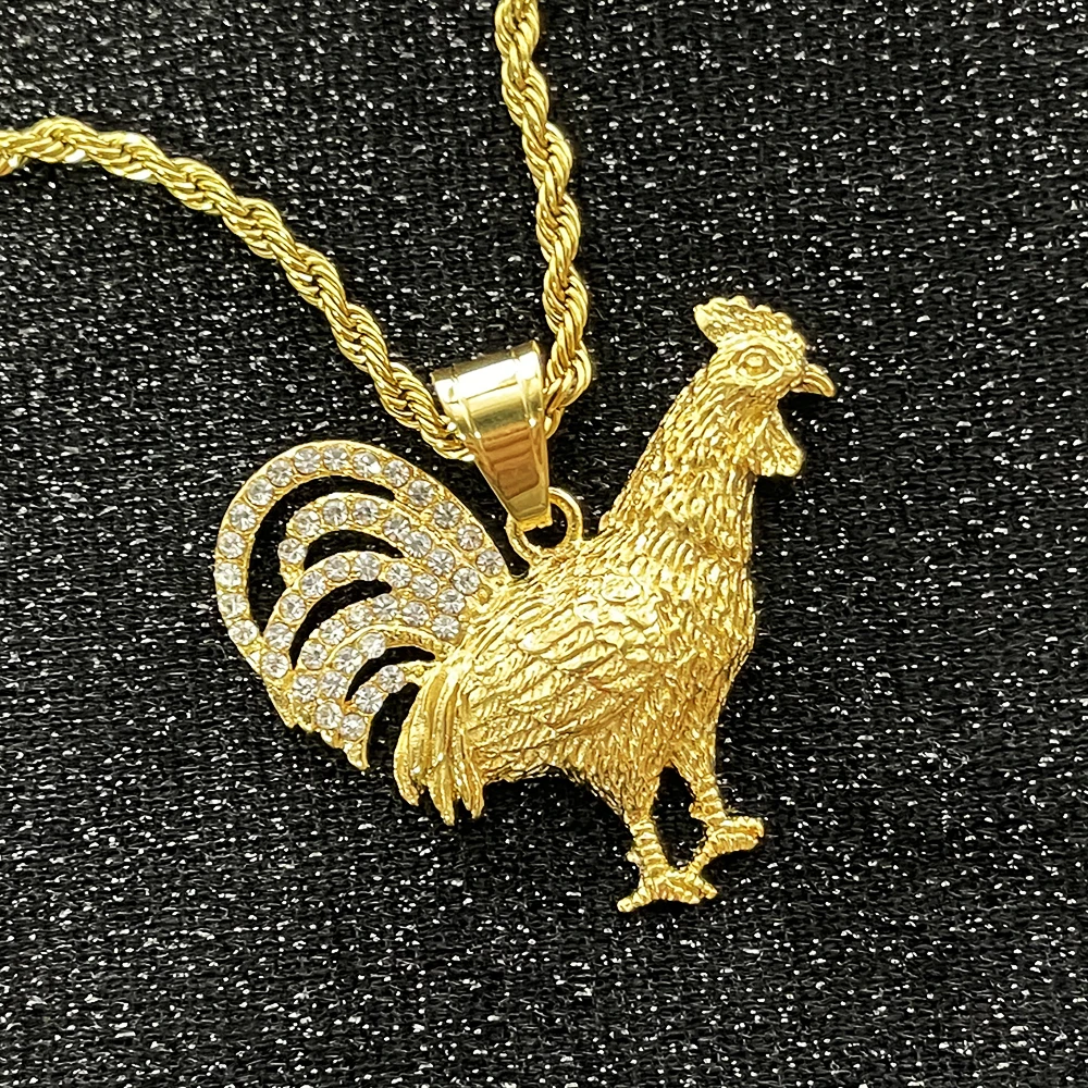 Trendy Women Gold Color Animal Rooster Chicken Stainless steel with rhinestone Pendant Necklace Jewelry