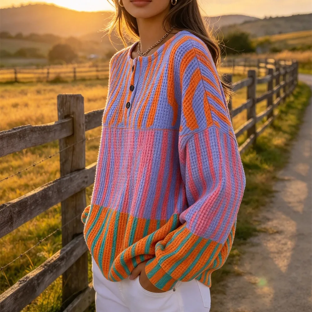 Women Long Sleeve Shirts Colorful Abstract Geometric Print Waffle Texture Casual Tops Button Crew Neck Loose Pullover Blouse