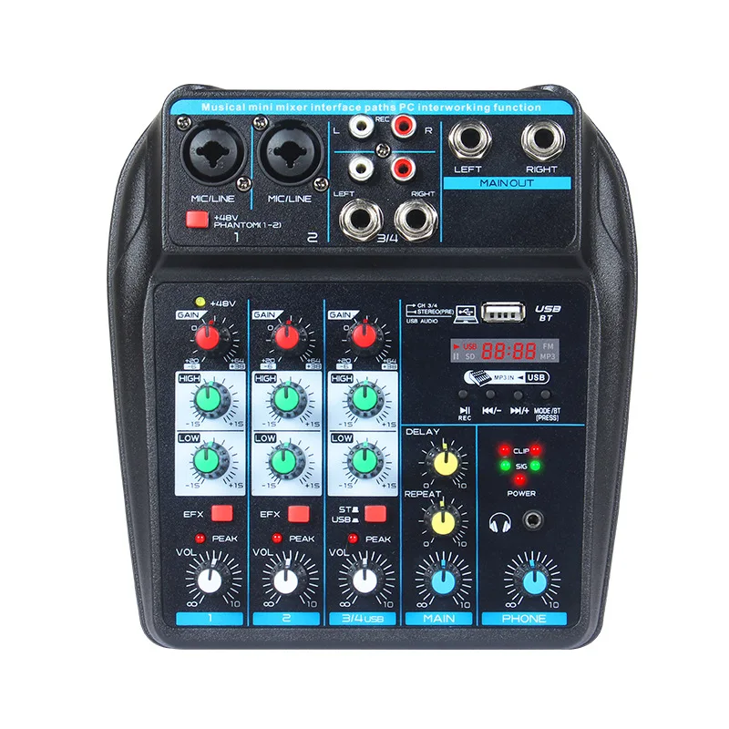 

4-Way Small Mixer Bluetooth Reverb Stage Computer Live USB Mini Mixer DJ Mixer