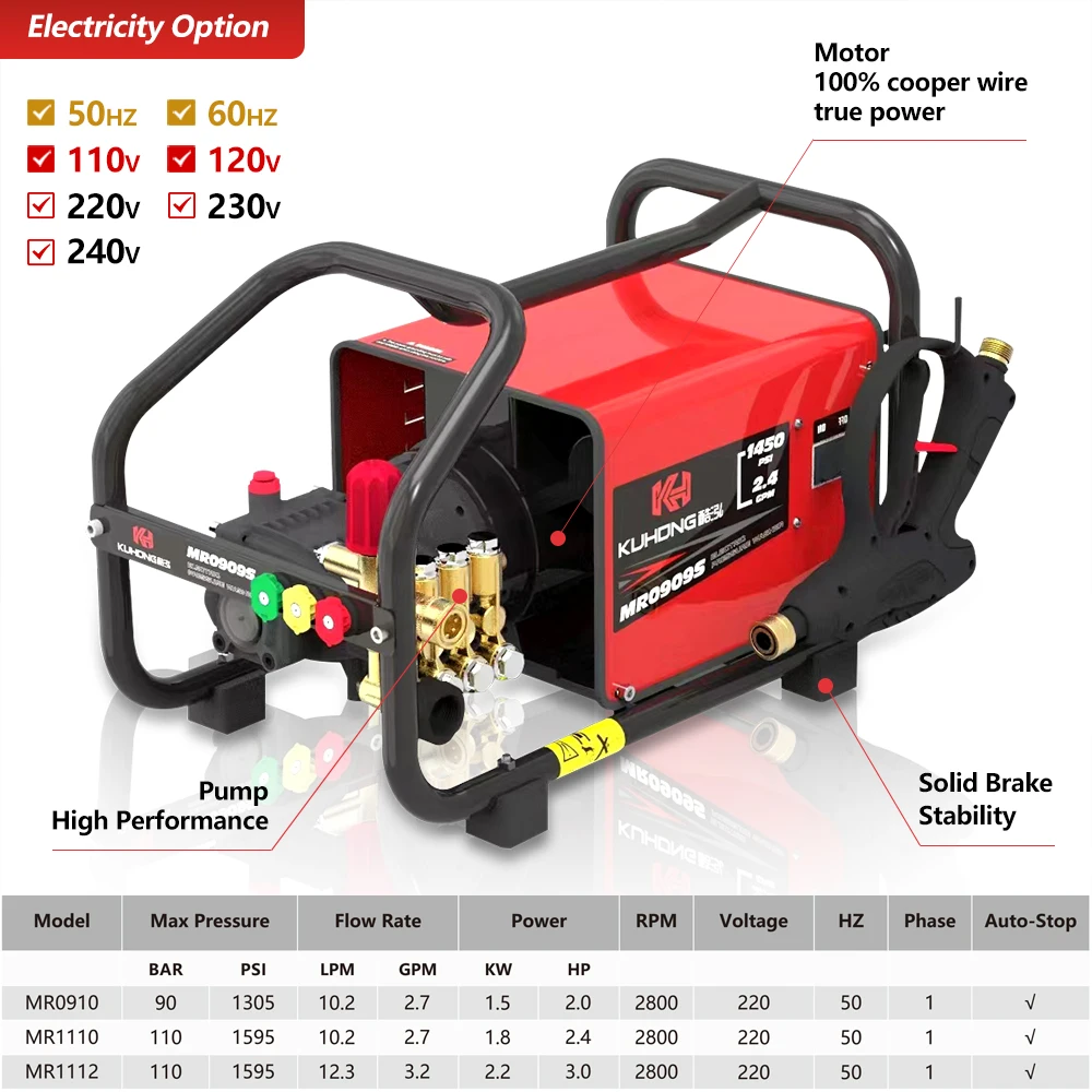 كوهونج 110Bar 1600psi المحمولة 220 فولت غسالة الضغط العالي الكهربائية