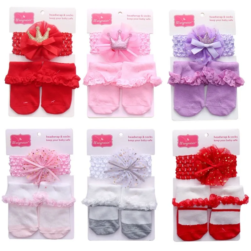 1 Set Sweet Princess Baby Headband Sock Set Fashion Solid Color Ruffle Sock Crown Headband Set Cute Newborn Photography Props