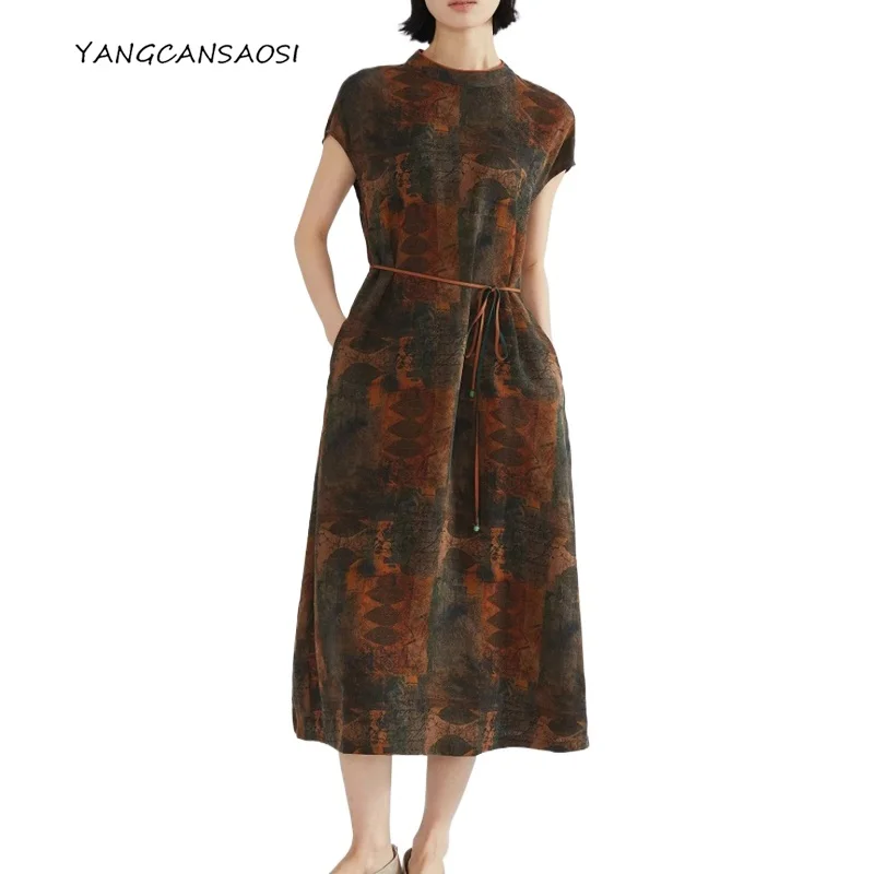 

2025 Women's National Style 100% Natural Mulberry Silk Gambiered Guangdong Gauze Stand Up Collar Short Sleeve Belt Printed Dress