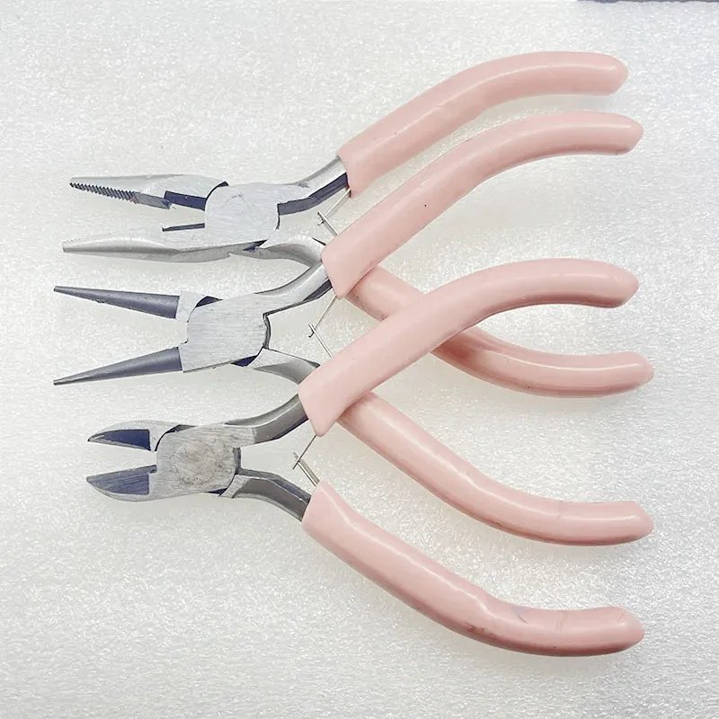 Pink Handle Nickel Iron Single Section Round Concave Pliers Handmade Jewellery Hardware Making Tool Sharp Nose Diagonal Portable