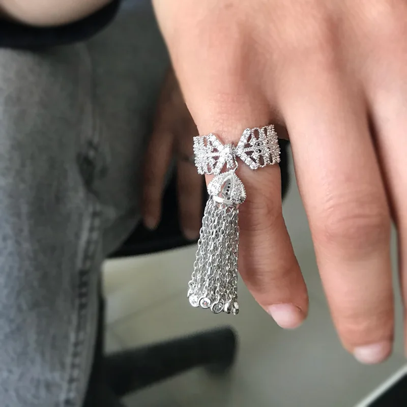 Hollow Flower Cross Tassel Finger Rings for Women Wedding Cubic Zircon Engagement Dubai Punk Bridal Adjustable Finger Rings