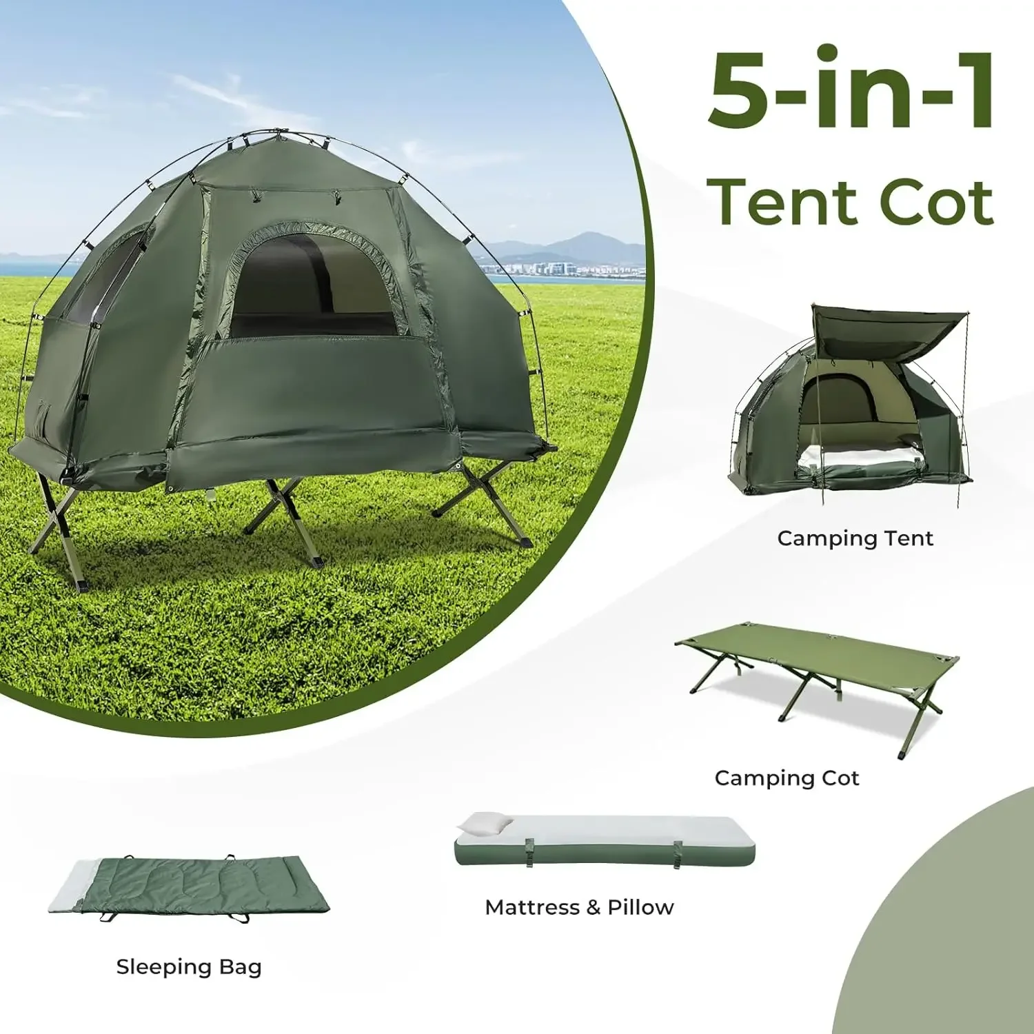 

[Free Shipping!]Camping Tent Cot, 5 in 1 Off Ground Elevated Tent with Air Mattress, Sleeping Bag & Pillow