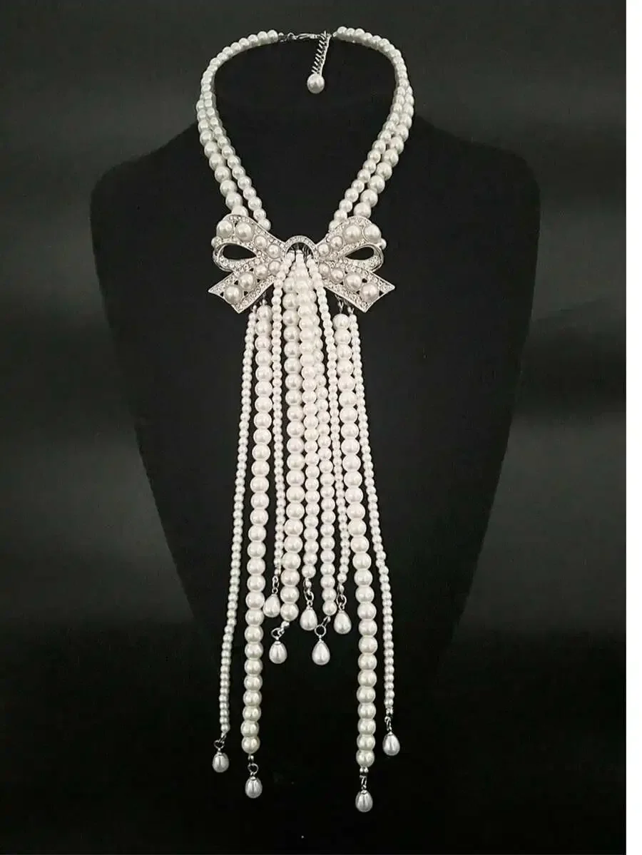 

Double Layer Bowknot Faux Pearl Necklace With Tassel Detailing Elegant Party Jewelry For Women
