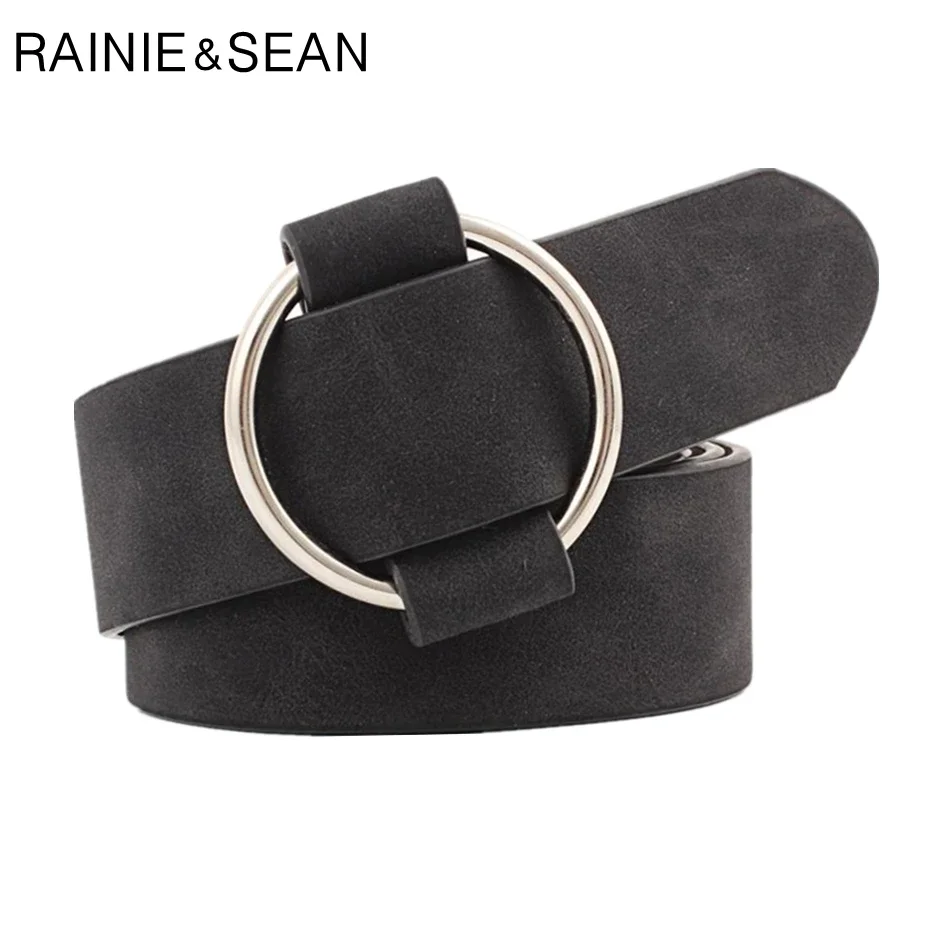 

RAINIE SEAN Black Leather Belts For Women Solid Waist Belt Circle Smooth Buckle Casual Wide Ladies Pu Leather Belt For Jeans