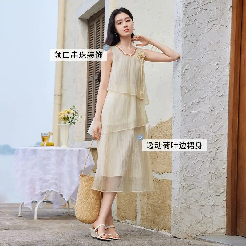 新しいフランスのサマードレスの女性のファッションノースリーブフリルエッジ気質カジュアルドレス無地休日ビーチ Vestidos