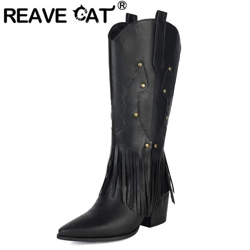 

REAVE CAT 2025 Design Female Mid Calf Footwear Pointed Toe Block Heels 6cm Slide Big Size 41 42 43 Retro Bota
